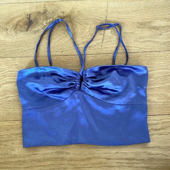 Lulus Ruched Crop Top in Blue - Picture 1 of 5